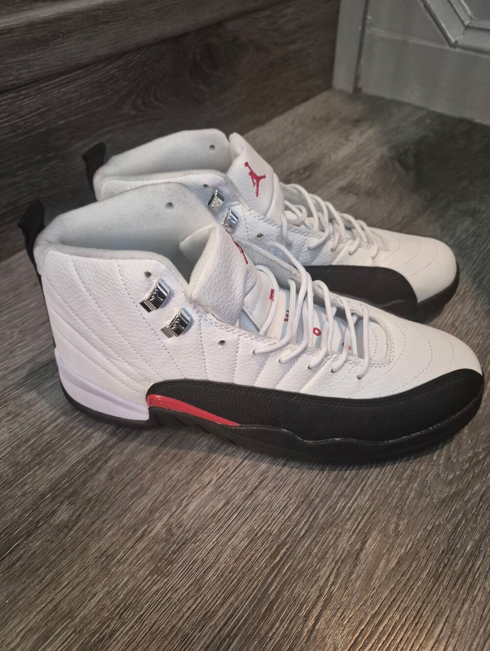 Jordan Men’s White Sneakers with Black Panels and Red Jumpman - Picture 7 of 10